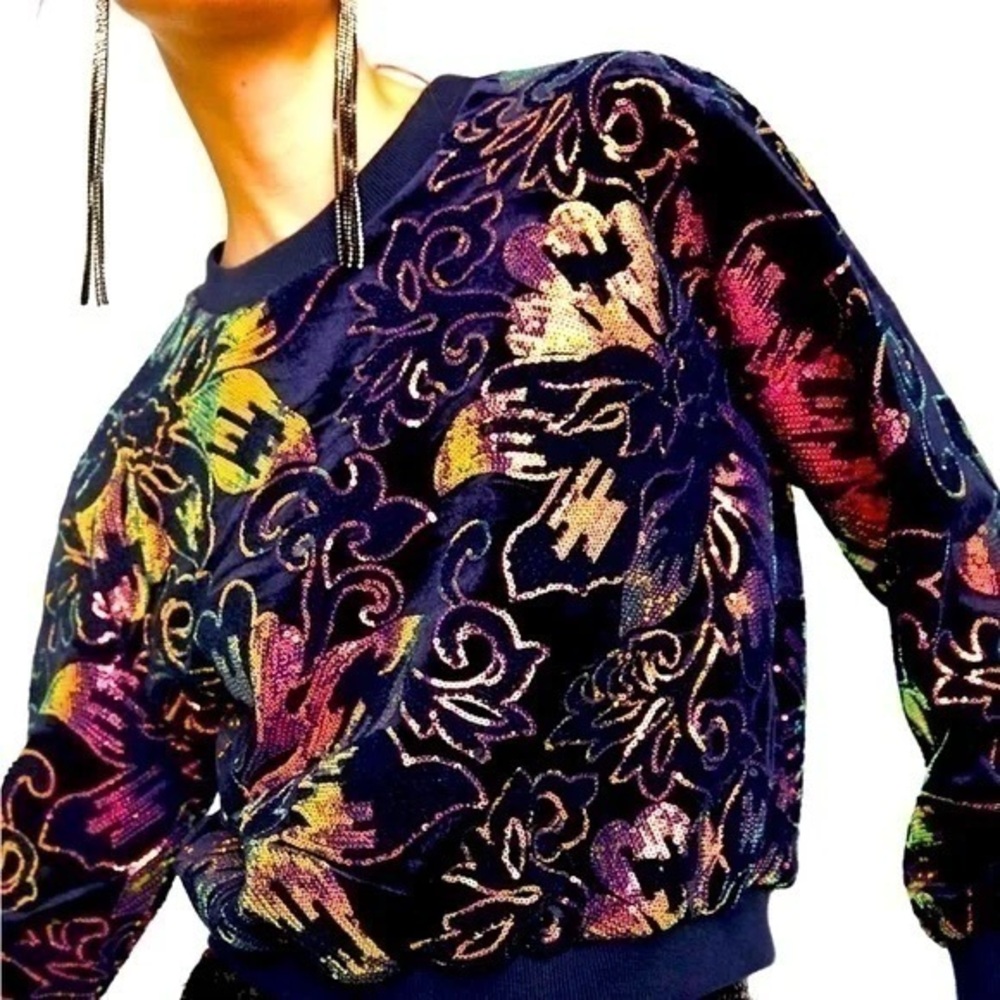 Zara Velvet Floral Sequin White Pink Embroidered Sweatshirt top pullover size S